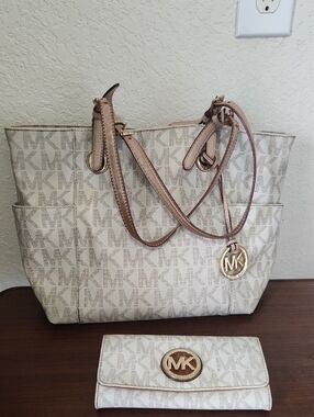 Michael Kors Cream MK Logo Tote with Matching Wallet